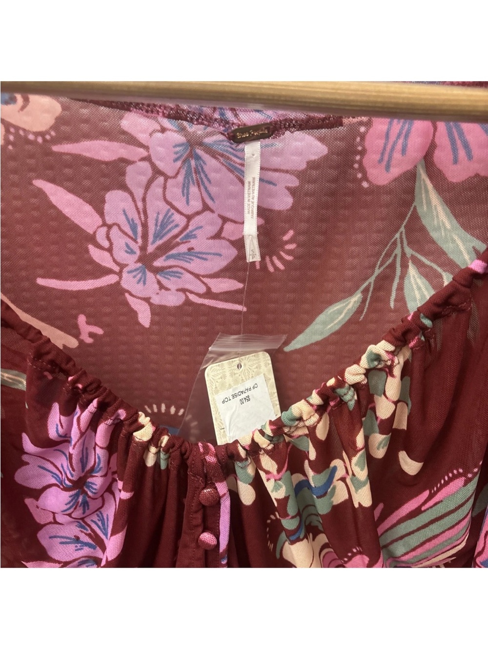 NWT Women’s Free People Of Paradise floral bell sleeve crop top burgundy Sz Smal - Picture 3 of 6